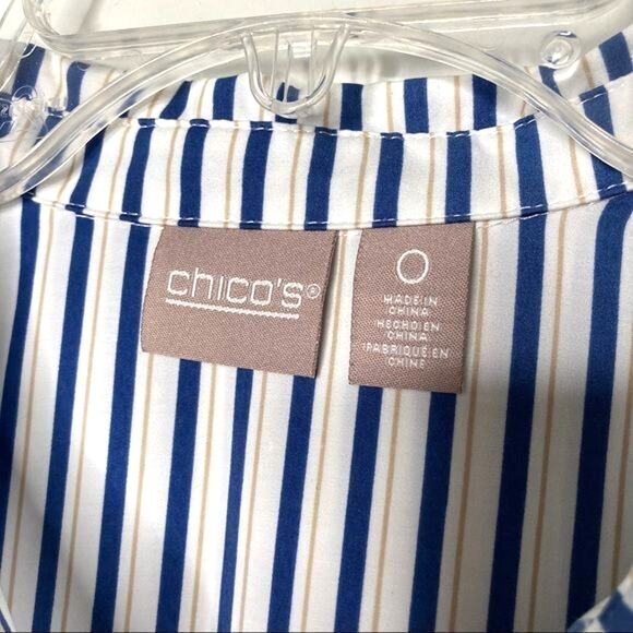 Chico's Wms Sz 0 Blue White Gold Striped Button Up Blouse Career Casual Roll Tab - Picture 4 of 11